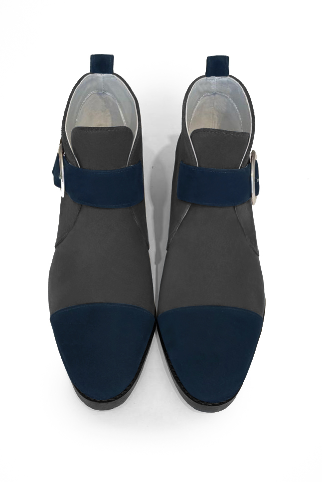 Navy blue and dark grey women's ankle boots with buckles at the front. Round toe. Medium block heels. Top view - Florence KOOIJMAN